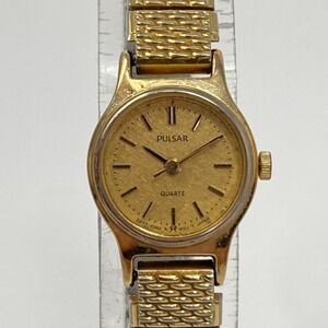 Vtg Pulsar Watch Women 17mm Gold Tone V233-0570 Stretch Band New Battery 6.25"